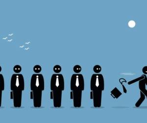 Employee quiting his job by throwing away business briefcase bag and tie leaving all other boring workers behind. Vector artwork depicts the pursuit of happiness.