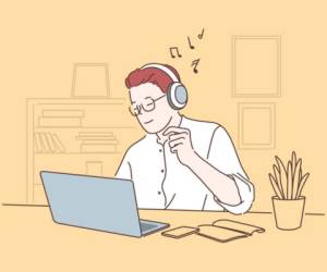 Work pause, take break concept. Office worker listening to music, young man working on laptop in headphones, freelancer workplace, employee cabinet, project manager workflow. Simple flat vector