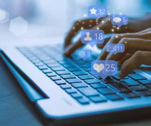 Businesswoman laptop using ,Social, media, Marketing concept / blue tone
