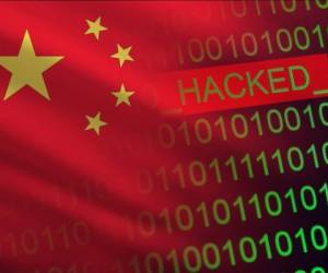 China hacked state security. Cyberattack on the financial and banking structure. Theft of secret information. On a background of a flag the binary code.