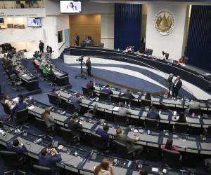 <i>Diputados participan en una sesión plenaria este jueves en San Salvador (El Salvador). La Asamblea Legislativa de El Salvador, dominada por el partido gobernante Nuevas Ideas (NI), ratificó una reforma constitucional para que los salvadoreños que viven en el extranjero tengan una representación directa en el Órgano Legislativo, como solicitó el presidente Nayib Bukele. EFE/Rodrigo Sura</i>