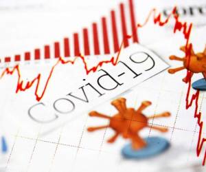 Coronavirus, covid-19, newspaper headlines, news articles and declining red stock market trend