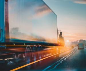 Red Lorry on M1 motorway in motion near London