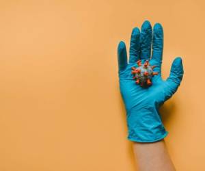 Hand with protect glove holding model Coronavirus on the background.