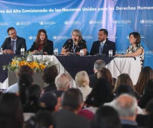 <i>De izquierda a derecha los integrantes de la Oficina del Alto Comisionado de las Naciones Unidas para los Derechos Humanos (Oacnudh), Miriam Chavajay, Vicent Simon, Viviana de la Peña, Mary Biz, José González y Gabriela Tuch, participan en la presentación del informe. EFE/ Mariano Macz</i>