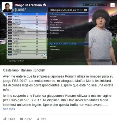 Maradona podría demandar a Konami por usar su imagen en PES2017