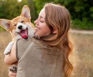 Portrait: young woman with corgi puppy, nature background