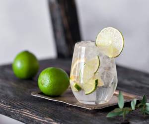 Cold cocktail with lime, lemon, tonic, vodka and ice on vintage background