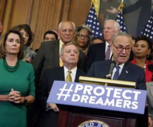 WASHINGTON, DC - SEPTEMBER 6: Senate Minority Leader Chuck Schumer (D-NY) speaks at a news conference as other congressional leaders look on about President Donald Trump's decision to end the Deferred Action for Childhood Arrivals (DACA) program at the U.S. Capitol September 6, 2017 in Washington, DC. Democrats called for action on young undocumented immigrants that came to the U.S. as children who now could face deportation if Congress does not act. Aaron P. Bernstein/Getty Images/AFP