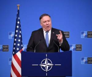 US Secretary of State, Mike Pompeo talks during a press conference after a NATO Foreign Ministers meeting at the NATO headquarters in Brussels on December 4, 2018. (Photo by JOHN THYS / AFP)