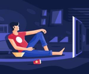 Boy watching movie at home vector illustration. Relaxed man sitting in big room in front of modern television screen at night. Chilling male enjoying cinema evening flat style concept