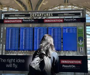 <i>Una persona observa el tablón de los vuelos en el Aeropuerto Ronald Reagan este jueves, en Washington (Estados Unidos). EFE/ Leonor Trinidad</i>