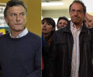 Scioli (derecha) debe lograr 45% de los votos o 40% y una diferencia de 10 puntos respecto de Macri (izquierda). (Fotos: AFP)