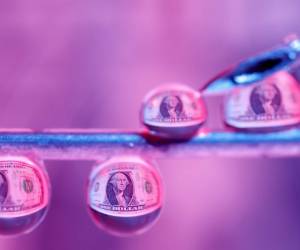 <i>Fotografía que muestra billetes de un dolar reflejados en gotas de agua este lunes, en San José (Costa Rica). EFE/ Jeffrey Arguedas</i>