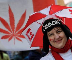 A Canadian fan wears an umbrella hat in front of a Cannabis flag in Vancouver during the Winter Olympics on February 25, 2010. AFP PHOTO / Mark RALSTON (Photo by MARK RALSTON / AFP)