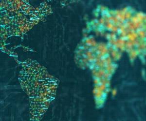 The map of the world represented by illuminated digital connections. 3D image with depth of field on a LED screen.