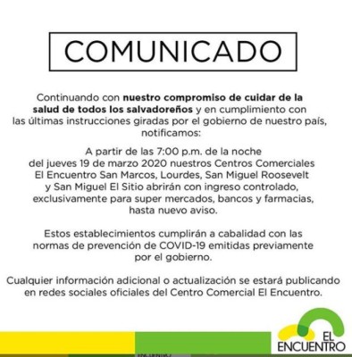 Centros comerciales de El Salvador cerrados por Covid-19