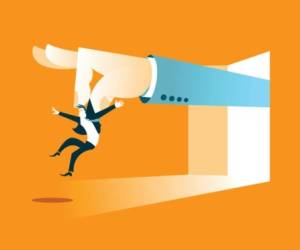 Large hand throws worker. You're fired. Vector illustration