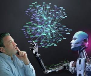 Human and robots to work together in the near future. This combination will accelerate developing technology. Businessman and cyborg organizes social media.