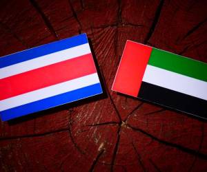 <i>Bandera de Costa Rica con bandera de Emiratos Árabes Unidos en un tocón de árbol aislado. FOTO Golden_Brown / istock</i>