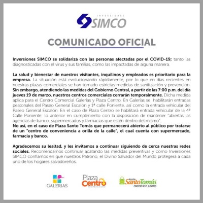 Centros comerciales de El Salvador cerrados por Covid-19