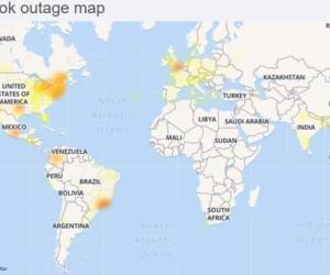 El portal Downdetector, que monitorea la actividad de los principales servicios en la web, confirma la caída del servicio de Facebook. El mapa muestra las regiones con más problemas, mientras más rojo, los problemas son mayores.