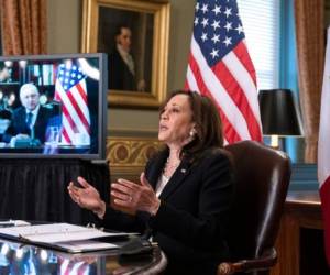 Vice President Kamala Harris speaks during a virtual meeting with Mexican President Andres Manuel Lopez Obrador at the Eisenhower Executive Office Building on the White House complex in Washington on Friday, May 7, 2021. (AP Photo/Manuel Balce Ceneta)