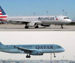 (COMBO)(FILES) This combination of pictures created on June 22, 2017 shows an American Airlines plane sitting on the tarmac of McCarran International Airport in Las Vegas, Nevada on February 15, 2017 and file photo taken on June 12, 2017 showing a Qatar Airways plane landing at the Hamad International Airport in the Qatari capital Doha.Qatar Airways has notified American Airlines it wants to buy about a 10 percent stake in the US carrier, which confirmed the move on June 22, 2017 in a securities filing.Qatar Airways disclosed that it planned to buy at least $808 million in shares, and Qatar Airways' chief executive told his counterpart at American that the carrier sought a stake of about 10 percent, American Airlines said. / AFP PHOTO / RHONA WISE AND KARIM JAAFAR