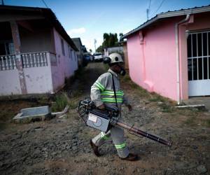 Personal de salud fumiga las calles del barrio San Antonio, en La Chorrera (Panamá). EFE/ Bienvenido Velasco