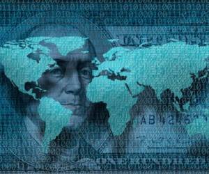 conceptual image of one hundred dollar bill and world map with binary code. NASA world map image is layered and manipulated for using in this image, www.nasa.gov