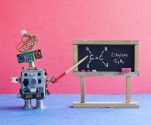 Chemistry lesson college. Robot professor explains molecular formula ethylene. Classroom interior with handwritten formula black chalkboard. Blue pink colorful background