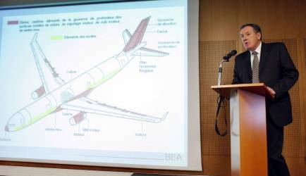 <i>Alain Bouillard, a cargo de la investigación técnica en la Oficina de Investigación y Análisis (BEA), una organización francesa que dirige la investigación técnica sobre el accidente de Air France del 1 de junio, da una conferencia de prensa el 22 de diciembre de 2009 en Le Bourget, cerca de París. El vuelo AF447 de Air France de Río a París cayó sobre el Atlántico durante la noche del 31 de mayo al 1 de junio de 2009 durante una tormenta, con la pérdida de las 228 personas a bordo. FOTO AFP / PATRICK KOVARIK (Foto de PATRICK KOVARIK / AFP)</i>