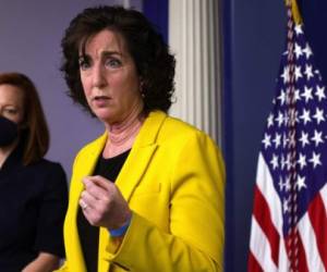 WASHINGTON, DC - MARCH 10: Special Assistant to the President & Coordinator for the Southern Border Ambassador Roberta Jacobson speaks as White House Press Secretary Jen Psaki listens during a daily press briefing at the James Brady Press Briefing Room of the White House March 10, 2021 in Washington, DC. White House Press Secretary Jen Psaki held a briefing to answer questions from members of the press. (Photo by Alex Wong/Getty Images)