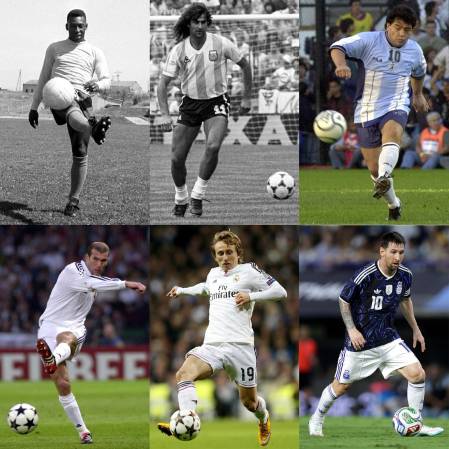 <i>Combo de fotografías de archivo que muestra al brasileño Pelé (i-arriba), el argentino Mario Alberto Kempes (c-arriba), al argentino Diego Armando Maradona (d-arriba), el francés Zinedine Zidane (i-abajo), al croata Luka Modrić (c-abajo) y al argentino Lionel Messi. EFE/ JGB/ Kote Rodrigo/ Rodrigo Jiménez/ Adán González</i>