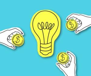 Perspective way to invest money. Hands with dollar sign coins around yellow light bulb over blue background