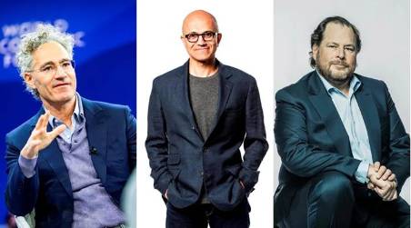 Directores ejecutivos de Palantir, Alex Karp (i); de Microsoft, Satya Nadella (c), y de Salesforce, Marc Benioff. EFE/ WEF/ Microsoft / Salesforce