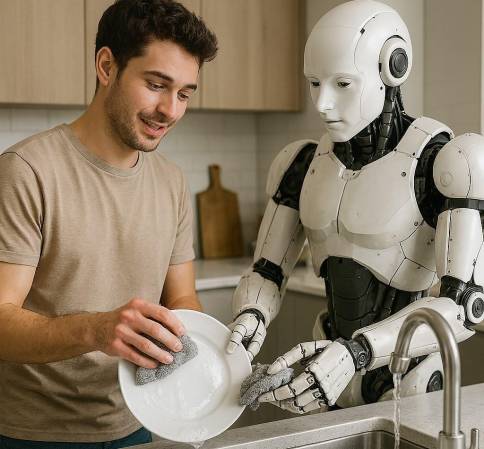 Empresas de Estados Unidos y China ya compiten por escalar esta frontera de la automatización: no solo hacer robots, sino enseñarles a trabajar. (Foto: IA-Microsoft Designer)