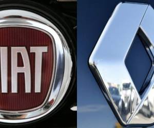 (COMBO) This combination of pictures created on May 26, 2019 shows the logo of Italian auto maker Fiat (L) (FCA) on January 12, 2017 in Saluzzo, near Turin. And the logo of carmaker Renault in Saint-Herblain, western France, on January 15, 2016. - French and Italian-US auto giants Renault and Fiat Chrysler are set to announce talks on an alliance, with a view to a potential merger, informed sources said on May 26, 2019. (Photos by MARCO BERTORELLO and LOIC VENANCE / AFP)