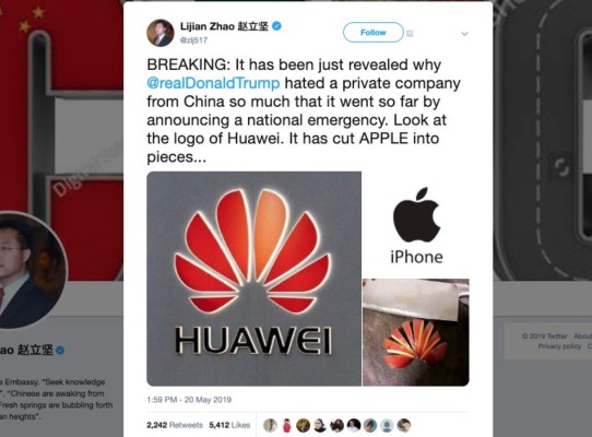 Logo de Huawei es Apple cortado en pedazos, por eso Trump odia a la compañía china: diplomático