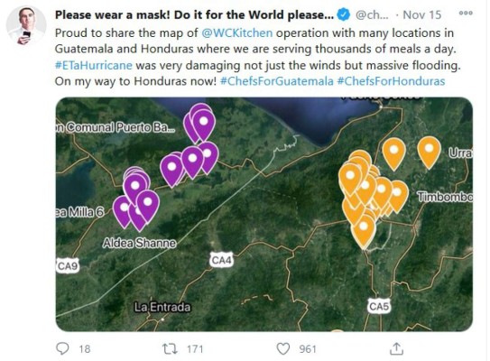 Chef José Andrés Puerta cocina para los afectados por Eta en Guatemala y Honduras