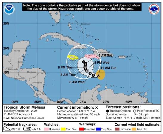 <i>Imagen cedida por la Oficina Nacional de Administración Oceánica y Atmosférica de Estados Unidos (NOAA) a través del Centro Nacional de Huracanes (NHC), donde se muestra el pronóstico de cinco días del paso de la tormenta tropical Melissa por el Caribe. EFE/NOAA-NHC</i>