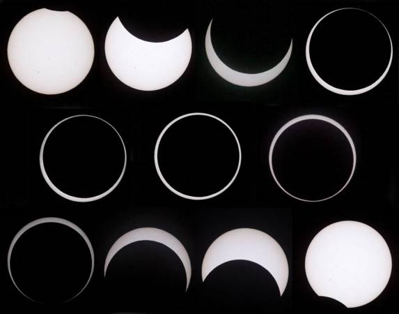 <i>PARQUE NACIONAL CAPITOL REEF, UTAH - 14 DE OCTUBRE: Una recopilación de fotografías muestra el progreso del eclipse solar anular el 14 de octubre de 2023 en el Parque Nacional Capitol Reef, Utah. Comenzando en la costa de Oregón y concluyendo en la costa este de América del Sur, un eclipse solar anular, donde la Luna está más alejada de la Tierra, proyectará un halo de luz solar alrededor del borde de la Luna. George Frey/Getty Images/AFP (Foto de GEORGE FREY / GETTY IMAGES NORTEAMÉRICA / Getty Images vía AFP)</i>