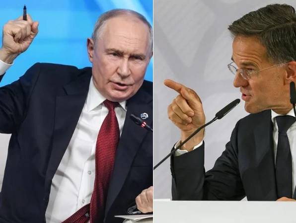 <i><b>Presidente ruso Vladimir Putin y secretario general de la OTAN, Mark Rutte. Por ahora, las estocadas son verbales. (Fotos: EFE)</b></i>