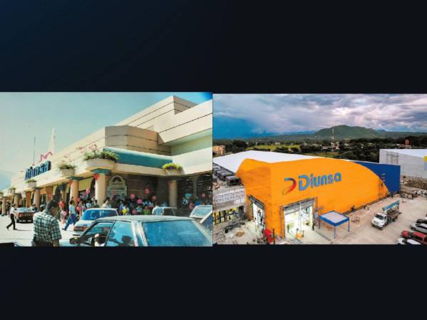 La evolución de Diunsa: A la izquierda, 1994 en la inauguración de Diunsa Superstore y la derecha en 2025, en Villanueva, la más reciente de las tiendas de la cadena hondureña.