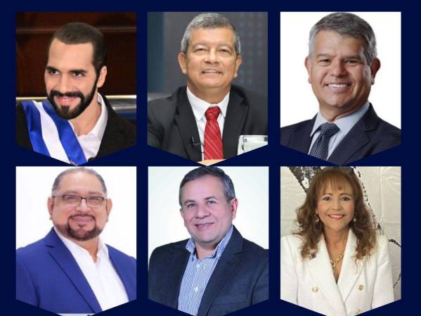 <i>Candidatos a la presidencia (de izquierda a derecha) por El Salvador por los partidos Nuevas Ideas, FMLN, Nuestro Tiempo, Arena, Fuerza Solidaria y FPS. FOTOS TOMADAS DE SUS REDES SOCIALES. </i>