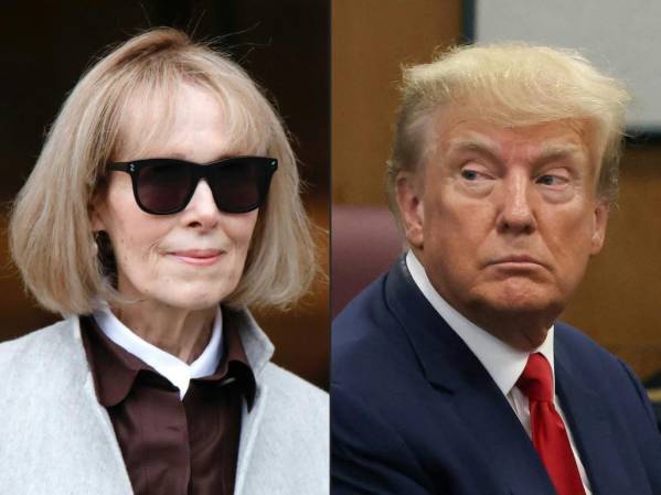 <i>Esta combinación de imágenes creada el 9 de mayo de 2023 muestra a la escritora E. Jean Carroll en el Tribunal Federal de Manhattan en Nueva York el 25 de abril de 2023 y al expresidente estadounidense Donald Trump en el Tribunal Penal de Manhattan en Nueva York el 4 de abril de 2023. ( Foto de Kena Betancur y Andrew KELLY / varias fuentes / AFP)</i>