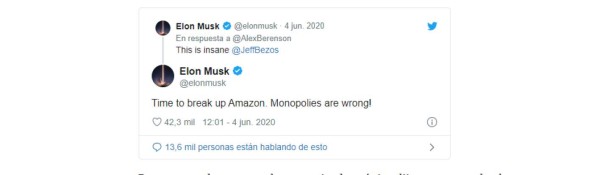 Elon Musk pide el 'desmembramiento' de Amazon