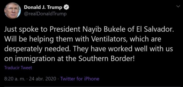 Trump gestiona ayuda para El Salvador y Honduras para enfrentar covid-19