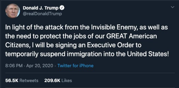 Trump suspenderá temporalmente migración a EE.UU. por COVID-19