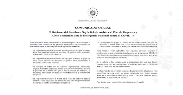 El Salvador: Anuncian 5 medidas del plan de reactivación económica por Covid-19